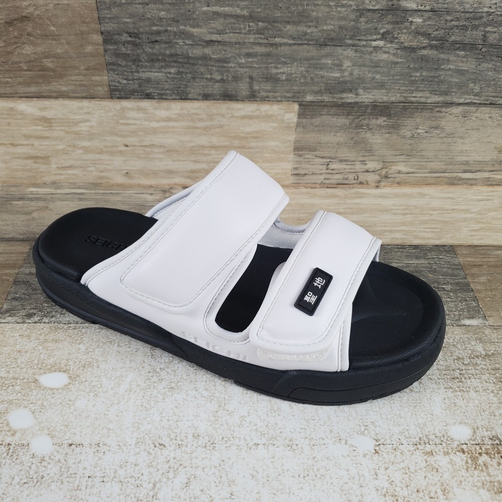 Seichi Senko Mens Slide Sandals Sz 8 White Leather Double Strap Hook & Loop